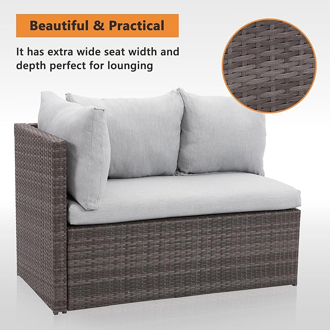 Solaste 7 Piece Patio Furniture Set, All Weather Wicker Patio Conversation Sets with Cushion Seat & Pillows, Outdoor Dining Set, Patio Furniture Outdoor Sectional, Light Grey