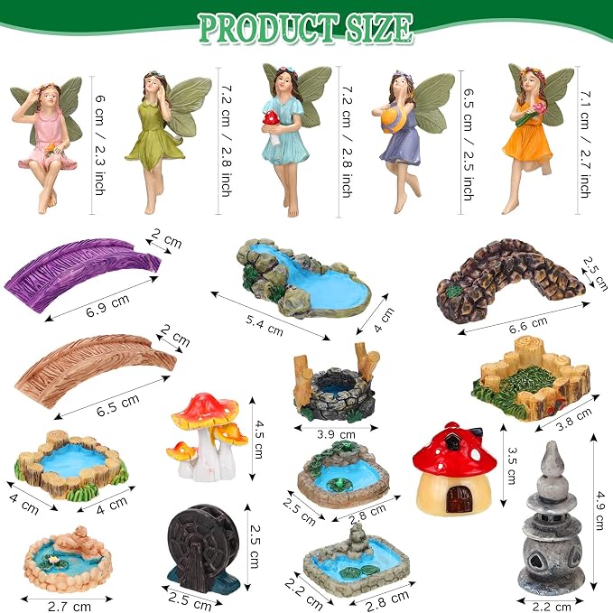 Unittype 19 Pcs Fairy Garden Accessories Outdoor Miniature Flower Fairy Figurines Bridge Mushroom Lighthouse Water Well Pond Garden Decorations