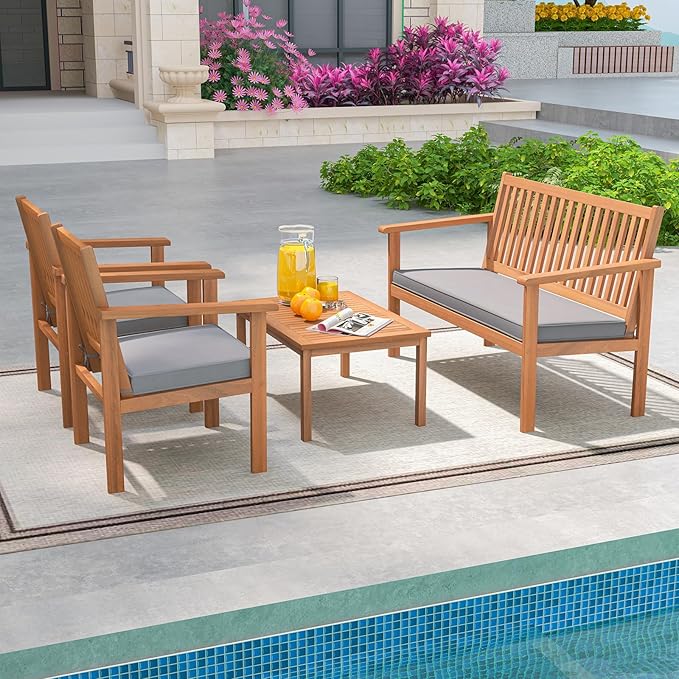 Tangkula 4 Piece Patio Wood Furniture Set, Acacia Wood Sofa Set w/Loveseat, 2 Chairs & Coffee Table, Soft Seat Cushions, Outdoor Wood Furniture Set for Porch, Yard, Balcony (Gray)