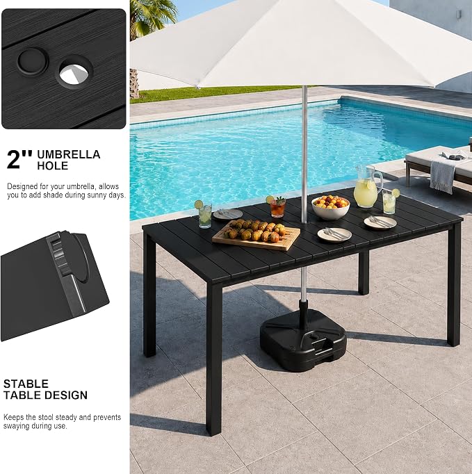 Domi HDPE Outdoor Dining Set, All-Weather 7 Piece Outdoor Dining Table Set with 2" Umbrella Hole, Outdoor Patio Dining Set for Garden, Poolside, Backyard, Deck, Black