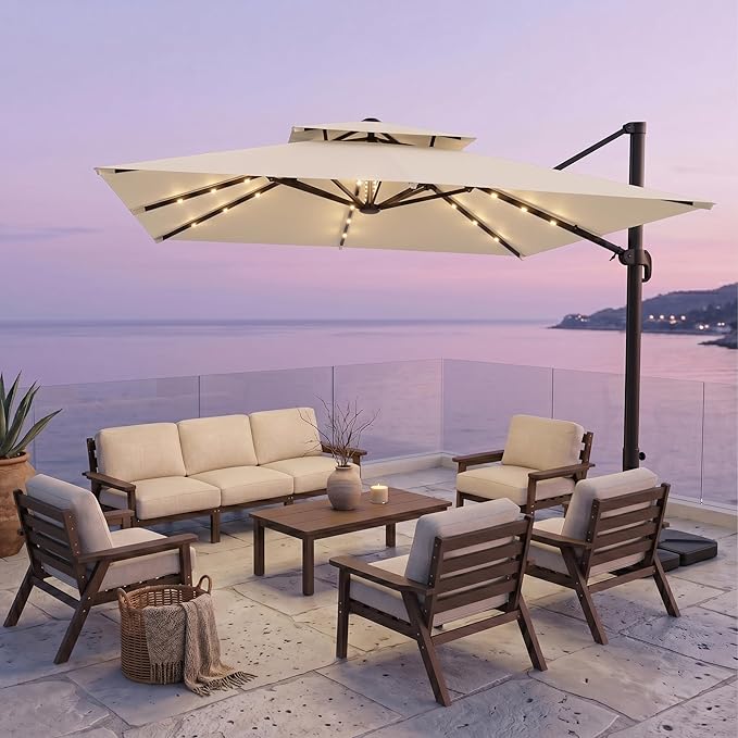 Kingdura Cantilever Patio Umbrella with Double Top Vent, Large Square Aluminum Outdoor Offset Umbrella with 360-degree Rotation, Infinite Tilt, UV Protection for Pool Deck Garden Patio