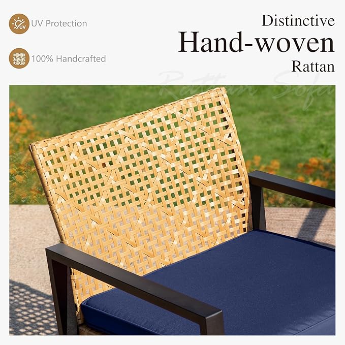 Sophia & William 4 Pieces Patio Conversation Set, Wicker Outdoor Furniture Set for 4, All Weather Outdoor Seating Set, Rattan Loveseat & Chairs with Cushions & Coffee Table, Yellow and Navy Blue