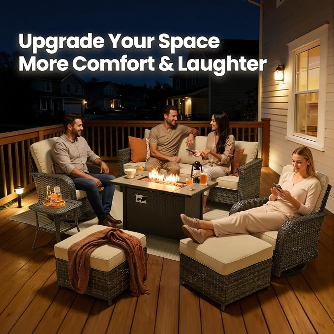 7 Piece Patio Furniture Set with Firepit Swivel Chair, Beige | High Back Swivel Rocker Chairs, Deep Seat Sofa Ottoman, Fire Pit Table, Outdoor Conversation Sets for Porch Deck Backyard