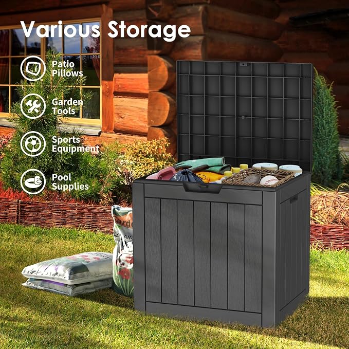 Outdoor Storage Box, 35 Gallon Waterproof Deck Box, Quick Snap-Lock Resin Cabinet for Seat Pillows, Patio Blankets, Lockable End Table Beverage Stand, Apartment Deck, Black