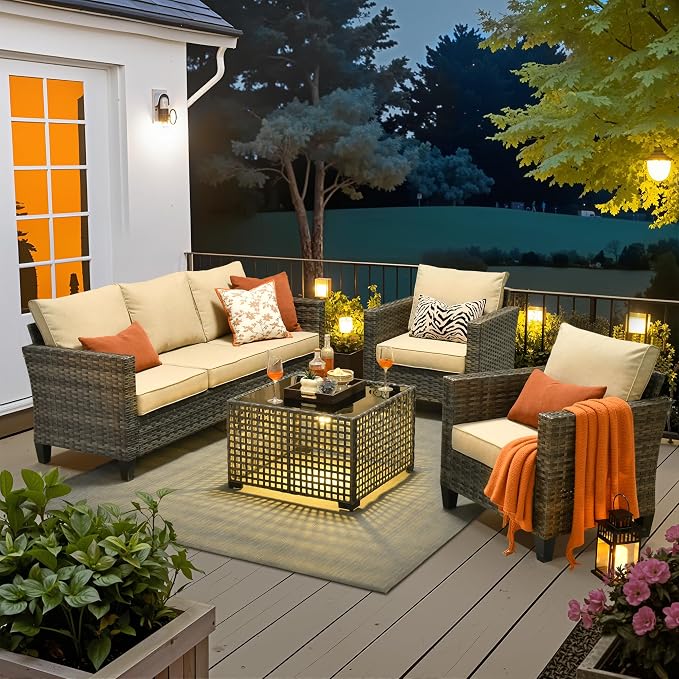 4 Piece Wicker Patio Furniture Set with Solar Table, Beige | Outdoor Deep Seating Sofa Chair, Solar Lights Table, All Weather Rattan, Modern Conversation Set, Porch Deck Backyard