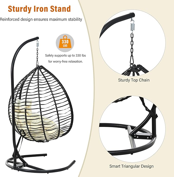 Folding Egg Chair, Outdoor Hanging Hammock Chair with Stand, Patio Wicker Hanging Chair with Iron Frame and Plush Cushion & Removable Headrest for Bedroom, Balcony, Garden (BlackBeige-A)