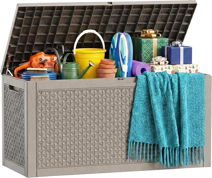 150 Gallon Outdoor Storage Box, Large Resin Deck Box Waterproof, Lockable Toy Storage Container, Storage Bins with Lids for Patio furniture, Garden Tool Box, Grey