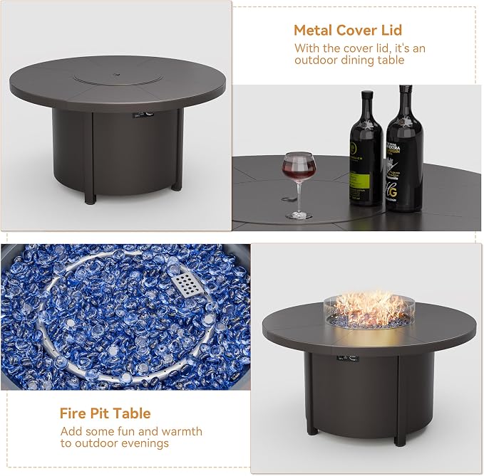 ALAULM 7-Piece Outdoor Dining Set for 6 Metal Outdoor Patio Furniture with 6 Swivel Chairs & 40000 BTU Round Fire Pit Table for Patio, Backyard, Garden-Grey