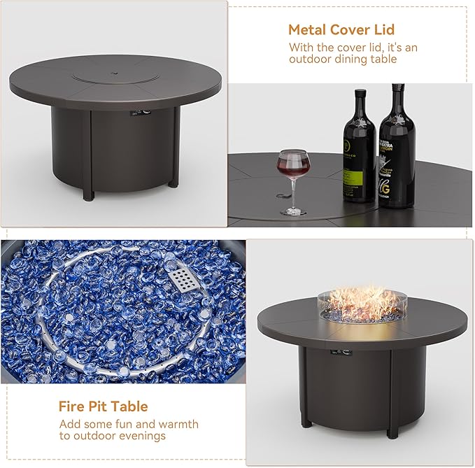 ALAULM 7-Piece Outdoor Dining Set for 6 Metal Outdoor Patio Furniture with 40000 BTU Round Fire Pit Table for Patio, Backyard, Garden-Sand