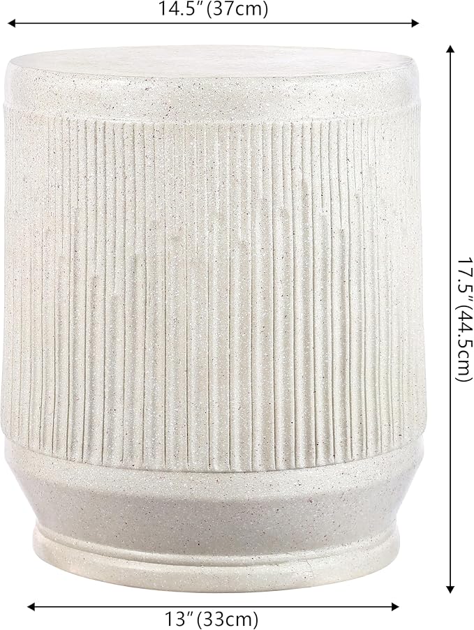 JONATHAN Y Kline Ribbed Resin Modern Outdoor Accent Table, 17.5" H All-Weather Cream Terrazzo Patio Drum Side Table and Garden Stool for Pool, Porch, and Living Room TBL1103A