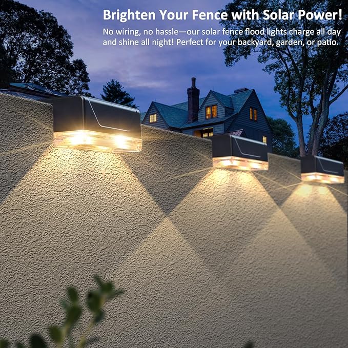 LIANGLOME 2PK Solar Fence Lights Outdoor - 3000/4000/6000K 3 Mode, IP65 Waterproof Fence Lights Solar Powered, Dusk to Dawn Solar Light for Outside, Backyard/Step/Patio/Deck/Stair Railings and Wall