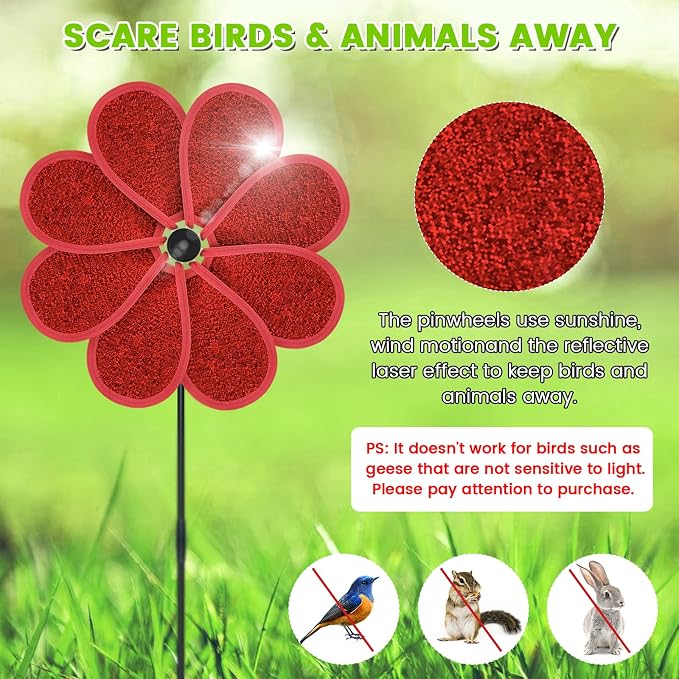 4PCS 11.4" W x 28" H Reflective Pinwheels Sparkly Lawn Wind Spinners Colorful Rainbow Windmill for Garden Decoration Bird Devices Deterrent to Scare Birds Away (Red)