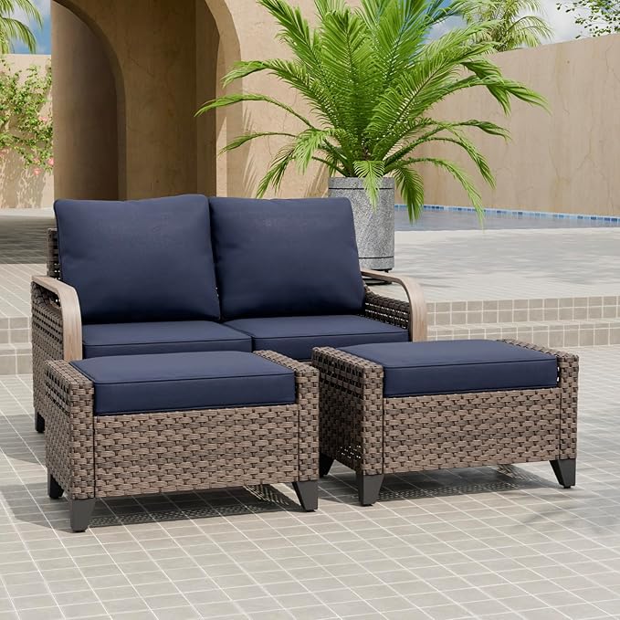 EAGLE PEAK Modern Wicker Outdoor Patio Furniture Set, Patio Conversation Set, a 2-Seat Loveseat and 2 Ottomans, 3 Pieces, Brown/Blue