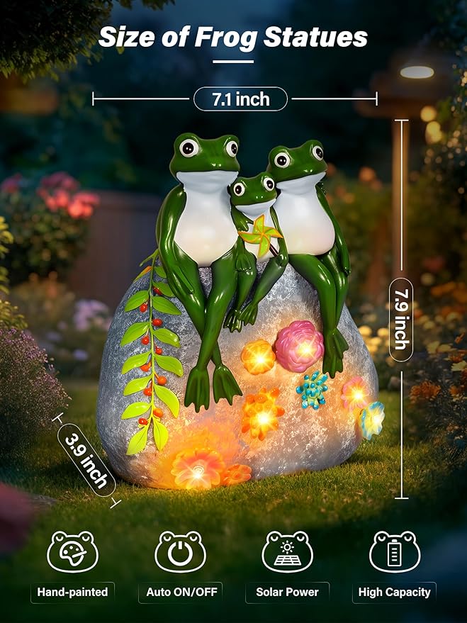 Guhope Solar Garden Statues, Outdoor Solar Frog Decor with Succulent and 6 LED Lights, Outside Yard Figurine Decor for Garden, Lawn, Patio, Balcony, Porch, Unique Gifts for Mom Grandma