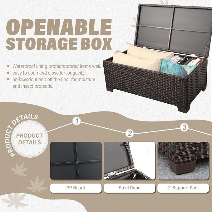 Rattan Star Patio Furniture Set 4 Pcs Outdoor Furniture Sets Patio Couch Outdoor Chairs Coffee Table with Storage Khaki No-Slip Cushions and Waterproof Covers