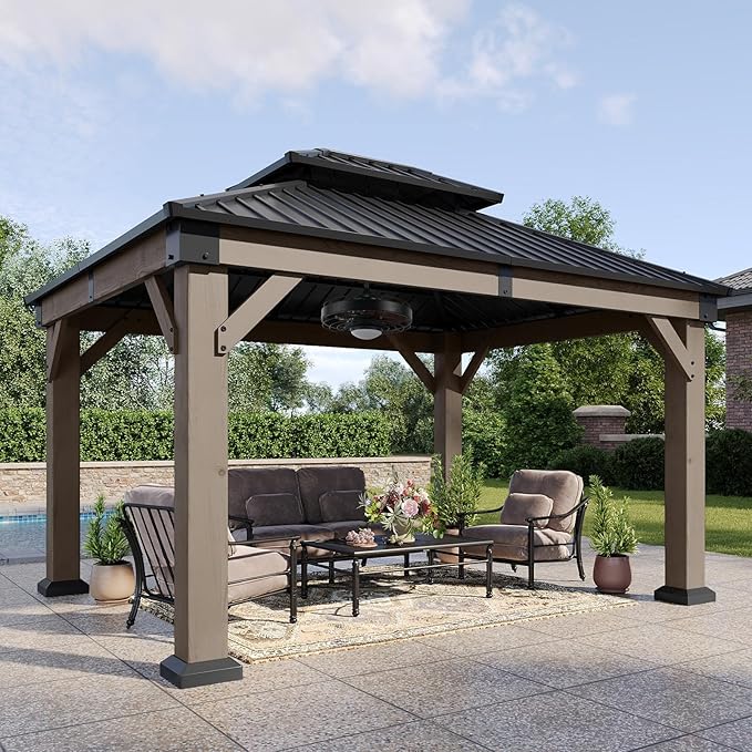 Aoxun 10' x 12' Outdoor Wood Gazebo, Hardtop Gazebo with Galvanized Steel Double Roof, Permanent Wooden Pavilion with Ceiling Fan, for Patio, Garden, Deck, Cedar Wood, Grey