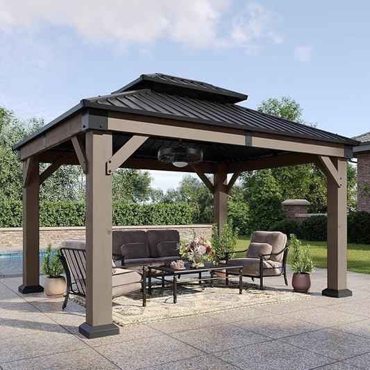 Aoxun 10' x 12' Outdoor Wood Gazebo, Hardtop Gazebo with Galvanized Steel Double Roof, Permanent Wooden Pavilion with Ceiling Fan, for Patio, Garden, Deck, Cedar Wood, Grey