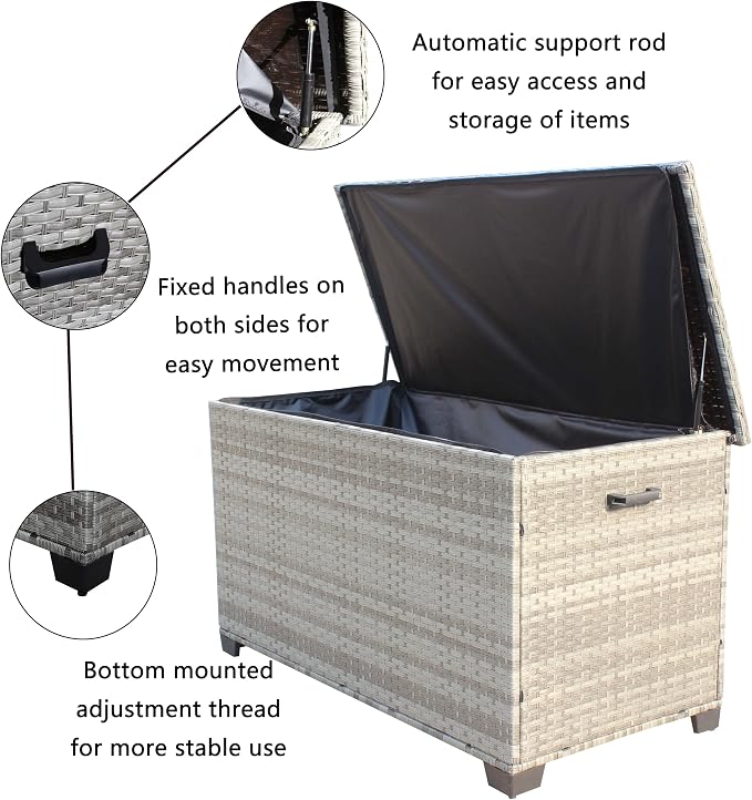 Storage Box, Wicker Patio Deck Boxes with Lid, Outdoor Cushion Storage for Pillows, Towel Grey Wicker,Deck Box and Patio Furniture Set for Garden, Pool, and Patio