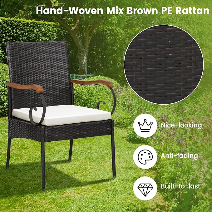 Tangkula 5-Piece Outdoor Dining Set with Acacia Wood Table & 4 Wicker Rattan Armrest Chairs, Detachable Cushions, Umbrella Hole, All-Weather Patio Conversation Furniture Set for Garden Deck Poolside