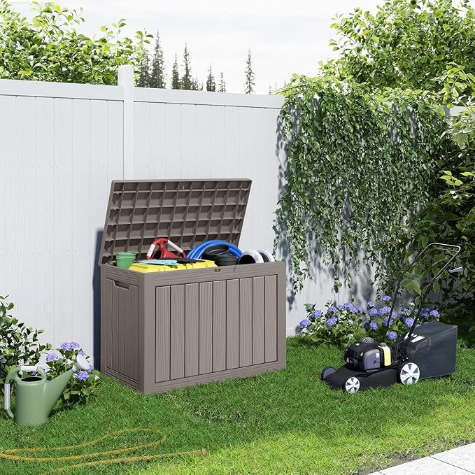 Vixzen 45 Gallon Resin Deck Box, Lockable Outdoor Storage Box for Patio Cushions Storage Furniture,Garden Tools, Pool Supplies, Weatherproof and UV Resistant- Light Brown