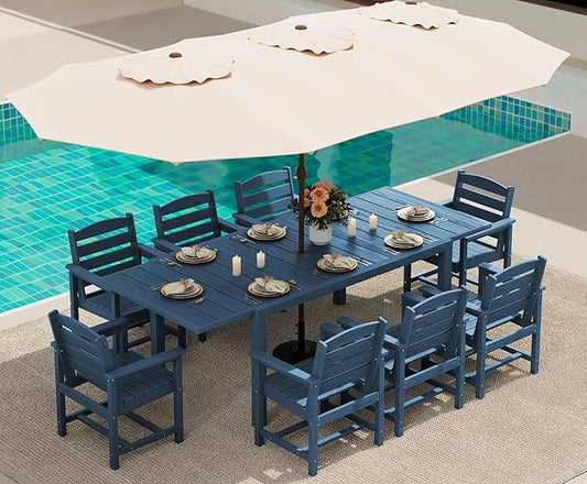 SERWALL 10-Piece Patio Dining Sets with 15FT Patio Umbrella, 60" - 83" Expandable Outdoor Dining Table and 8 HDPE Chairs, All Weather HDPE Outdoor Furniture Set (Umbreall Base not Included)