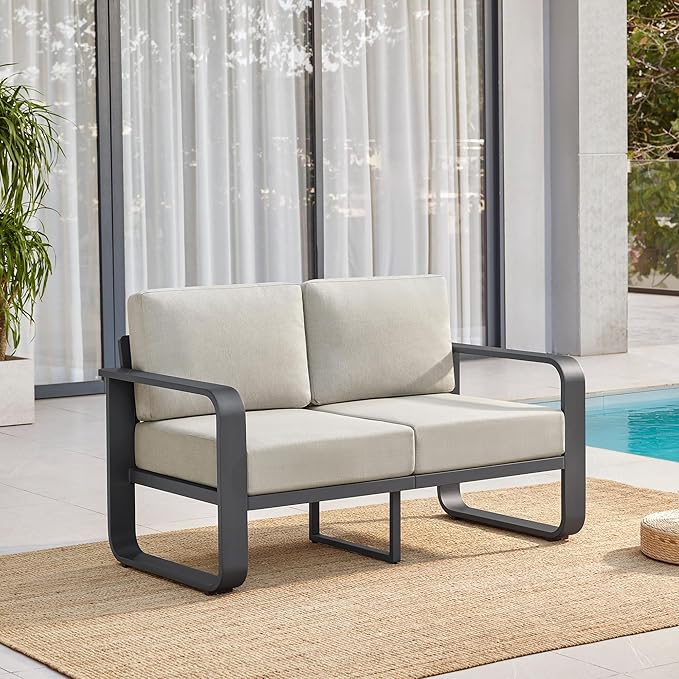 CHITA Aluminum Patio Loveseat Sofa with Thickened Olefin Fabric Cushion for Backyard, Garden, Balcony and Poolside