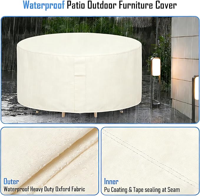 Round Patio Furniture Covers Waterproof, 80 Inch Outdoor High Round Table Cover, Tall Bar Height Outside Table and Chairs Set Covers for Winter, Rainproof Fadeproof - 80"Dia x 36"H, Beige