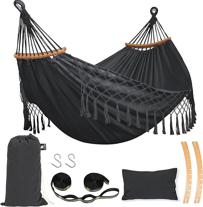 SUNCREAT Hammocks Portable Tree Hammock Swing with Spreader Bar, Tassel, 2 Person Hammock Without Stand, Dark Gray