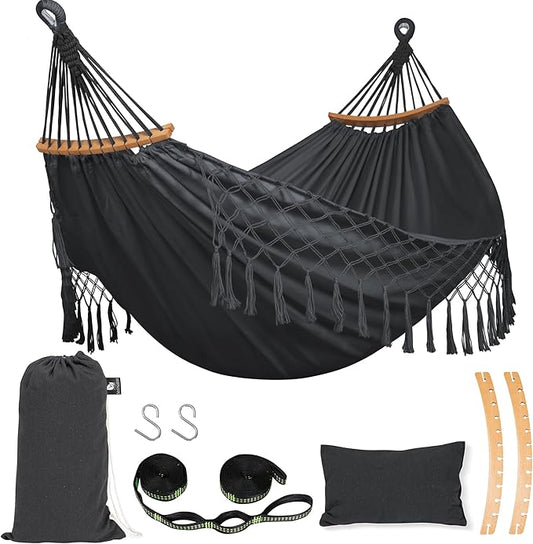 SUNCREAT Hammocks Portable Tree Hammock Swing with Spreader Bar, Tassel, 2 Person Hammock Without Stand, Dark Gray