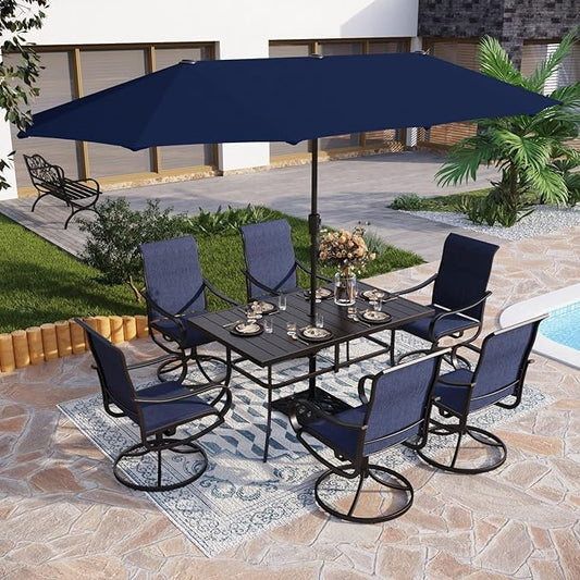 PHI VILLA 8 Piece Patio Dining Set with 13ft Patio Umbrella (Navy Blue), 6 Outdoor Swivel Dining Chairs & 1 Large Metal Dining Table with 1.57" Umbrella Hole, for Lawn Garden Backyard