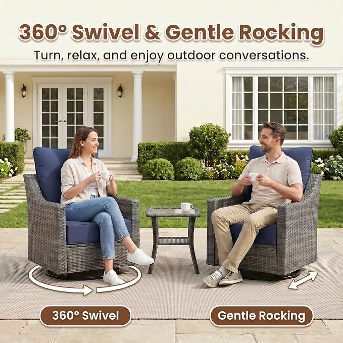 5-Piece Outdoor Patio Furniture Set, Grey Wicker Conversation Set with 2 Swivel Chairs, 2 Ottomans and Side Table, 6-Inch Blue Cushions for Porch, Deck, Backyard