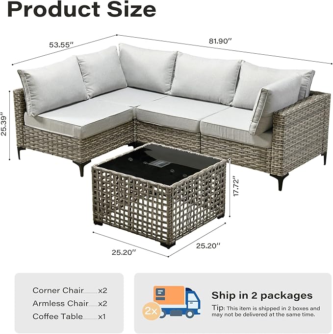 5 Pieces Patio Furniture Set with Solar Light Coffee Table, All-Weather Rattan Outdoor Sectional Conversation Sets L Shaped Sofas for Outside Porch Balcony Backyard Gray