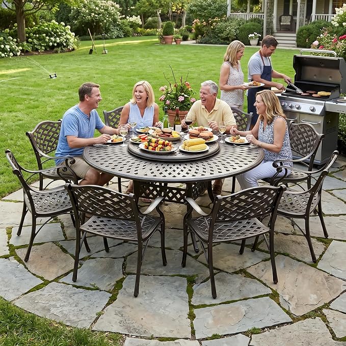 MEETWARM 9-Piece Outdoor Patio Table and Chairs Set, All Weather Cast Aluminum Patio Dining Set- 8 Chairs, 61" Round Patio Dining Table with Detachable Lazy Susan, Umbrella Hole, Dark Bronze