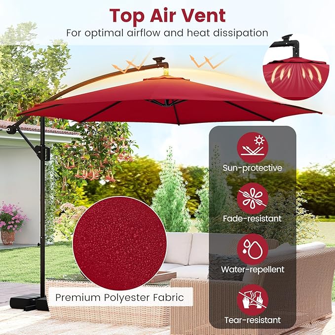 Tangkula 10 FT Solar Patio Umbrella with Base Included, Cantilever Offset Hanging Outdoor Umbrella with 96 Multi-Colored Flowing LED Lights, 9 Modes, Tilt Adjustment, 360° Rotation, Crank for Pool Yard Deck Lawn (Red)