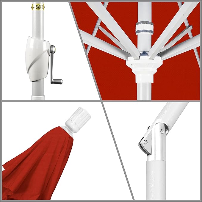 California Umbrella 9' Round Aluminum Market Umbrella, Crank Lift, Push Button Tilt, White Pole, Red Olefin