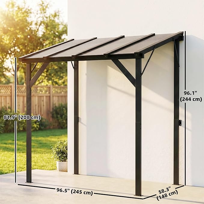 Outsunny 8' x 5' Hardtop Grill Gazebo, Lean-to BBQ Gazebo Shelter, Wall-Mounted Pergola with Polycarbonate Roof and Steel Frame, for Outdoor, Patio, Lawn, Garden, Patio, Backyard