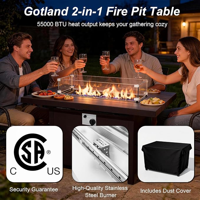 Gotland Aluminum Patio Furniture Set with Fire Pit Table, Metal Patio Furniture with 2 Swivel Rocking Chairs Waterproof 5.1'' Seat Cushions, Oversized Outdoor Sectional for Garden Balcony Porch Khaki