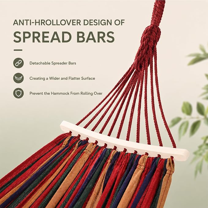 Double Hammock,2 Person Portable Camping Hammock Bed with Anti Roll Balance Beam & Tree Straps,550lbs Capacity for Porch Garden Patio Backyard Indoor Outdoor Red