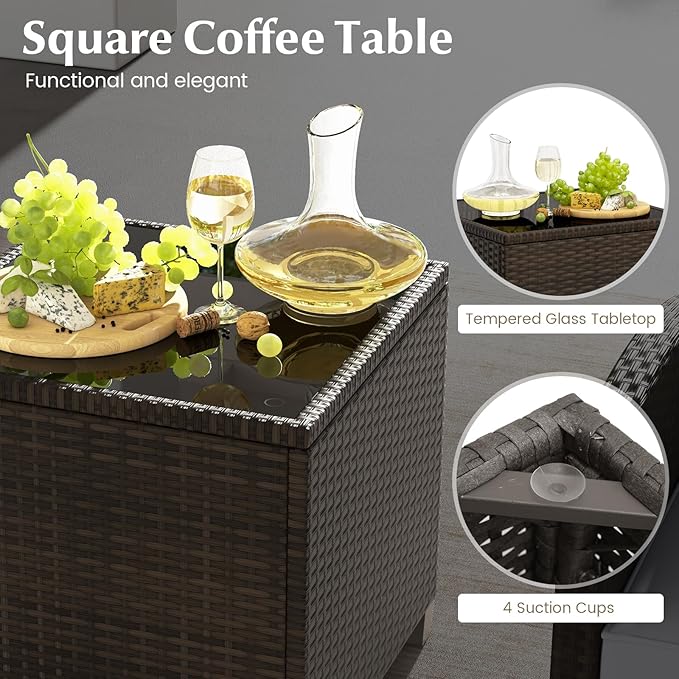 Tangkula 5 Pieces Patio Conversation Set, PE Wicker Rattan Outdoor Furniture Set with 2 Chairs, 2 Ottomans & Tempered Glass Coffee Table, Ideal for Poolside, Backyard, Lawn, Deck, Mix Brown & Grey