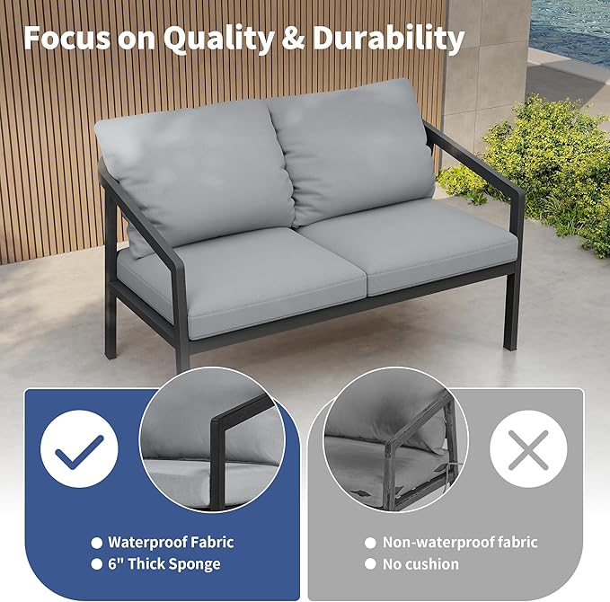 Patio Conversation Sets, 4 Piece Patio Furniture Sets with Loverseat、Armchair Sofa & Coffee Table, Aluminum Modern Outside Sectional Furniture for Garden, Backyard, Porch (Black)