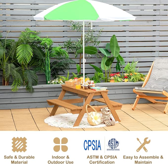 KOTEK Kids Picnic Table, 4 in 1 Sand and Water Table w/Detachable Tabletop, 2 Removable Play Boxes, Foldable & Height Adjustable Umbrella, Wood Sensory Table and Bench for Outdoors, Indoors (Natural)