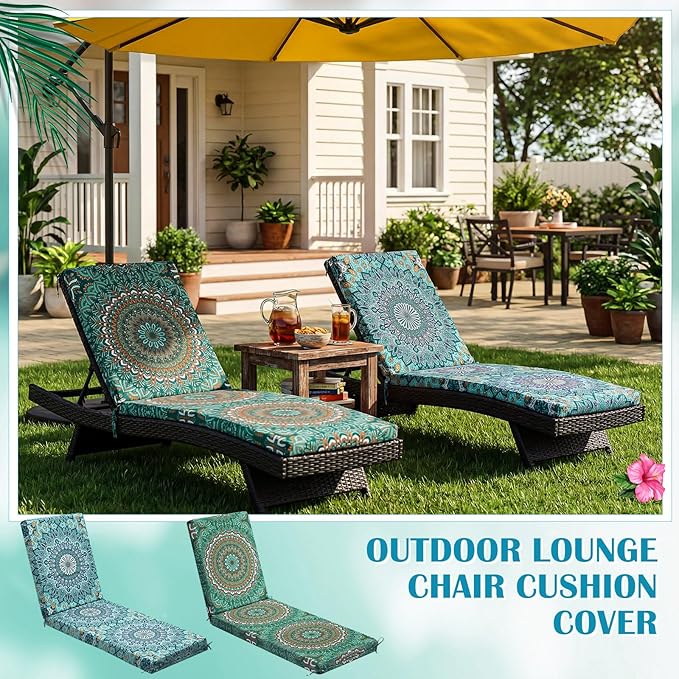2 Pack Chaise Lounge Cushion Covers Outdoor (Not Includes Cushions) Waterproof Chair Cushion Replacement Covers 72 x 21 x 3 Inch for Patio Pool Lawn Slipcover with Ties(Bohemian)