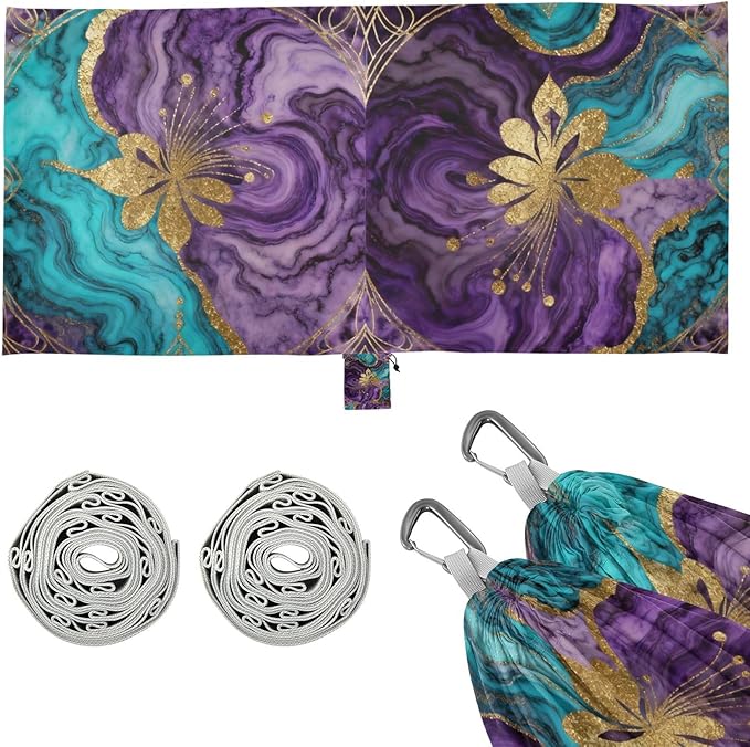 Marble Floral Hammocks with Hanging Rope Tree Hammock for Outside Patio Backyard Poolside