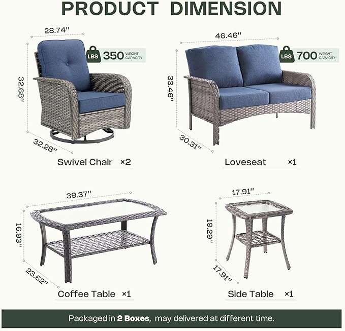 5-Piece Patio Furniture Set, Outdoor Wicker Furniture with Coffee Table, High Back Swivel Rocker Patio Chairs, Modern Rattan Outdoor Chairs Conversation Set for Porch, Balcony, Garden, Denim Blue