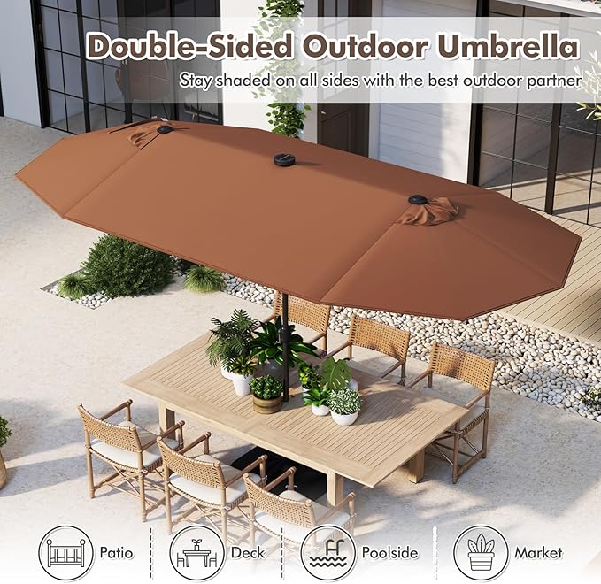 HAPPYGRILL Double-Sided Patio Umbrella with Solar Lights, 13FT Large Umbrella with Base Included, Crank Handle, Market Twin Table Umbrella for Outdoor Backyard Garden Poolside