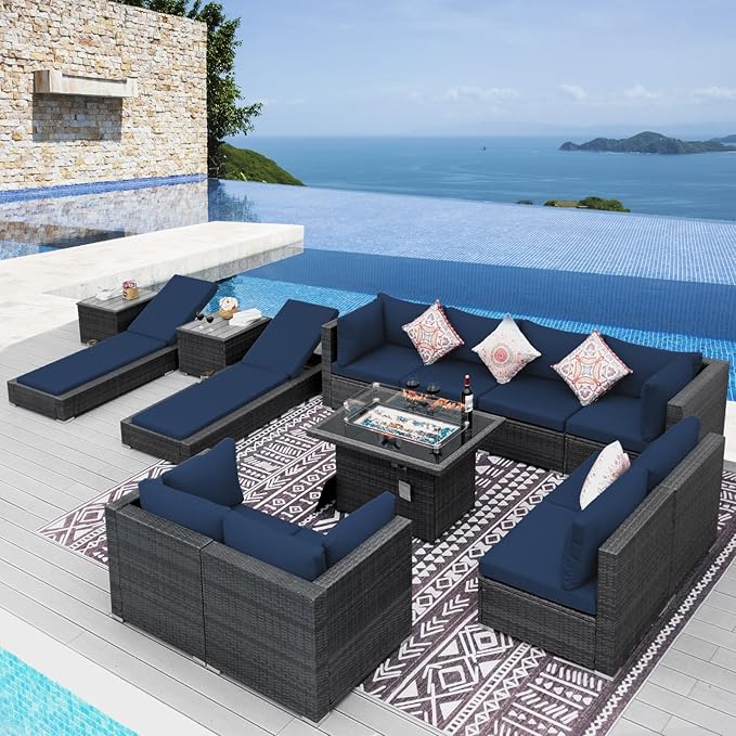 NICESOUL 13 Piece Outdoor Seating with Fire Pit Table, High-End Wicker Patio Furniture Set with Chaise Lounge, Comfy 29.3'' High Back Deep Sectional Sofa, All-Weather Backyard Sitting, Grey & Blue