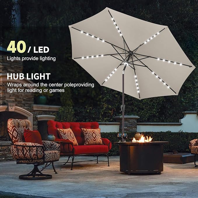 11ft Solar Umbrella Outdoor - Lighted Solar Patio Umbrella with 40 LED Lights Waterproof UV Protection, Table Umbrella with Tilt for Pool, Porch, Garden, Deck, Backyard - Taupe