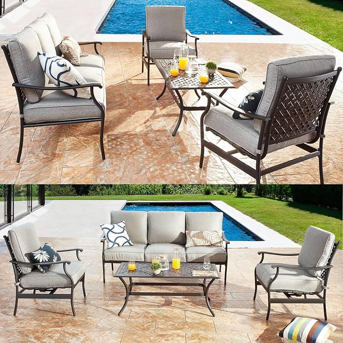 Patio Conversation Set Cushioned Metal Outdoor Furniture Sets with All Weather Galvanized Steel Frame (4Pcs,Grey)