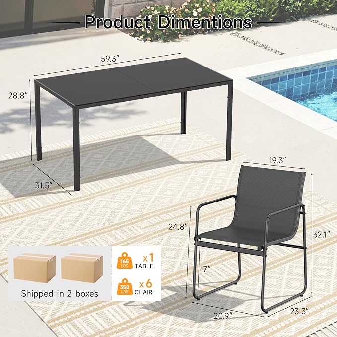 ONBRILL 7 Piece Patio Dining Set for 6, Modern Rectangular Glass Top Steel Table with 6 Breathable Textilene Chairs, Easy Assembly All-Weather Design for Lawn, Backyard, Poolside & Gatherings, Black