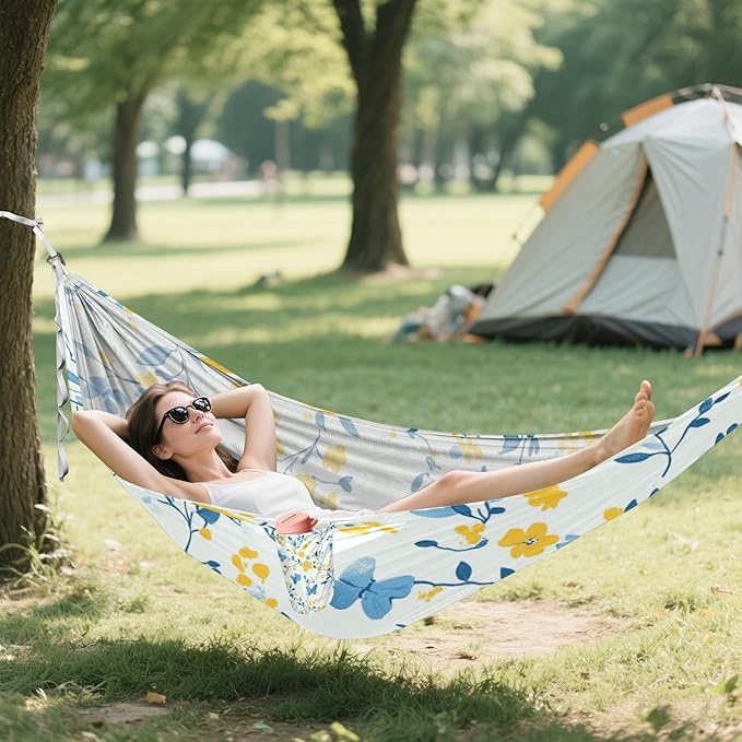 Multi-Small Flowers Butterflies Yellow and Light Blue 330lb Capacity Camping Hammocks with Portabl Carry Bag Backyard Hammock for Indoor Outdoor Patio jamaca para Patio